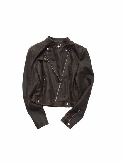 Vintage Washed Cracked Lapel Motorcycle Slim Short Leather Jacket【s0000014573】