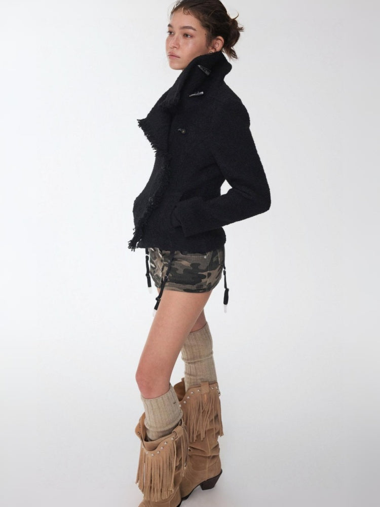 Stand-Up Collar Small Fragrance Wind Horn Button Slim Warm Cropped Wool Jacket【s0000014574】