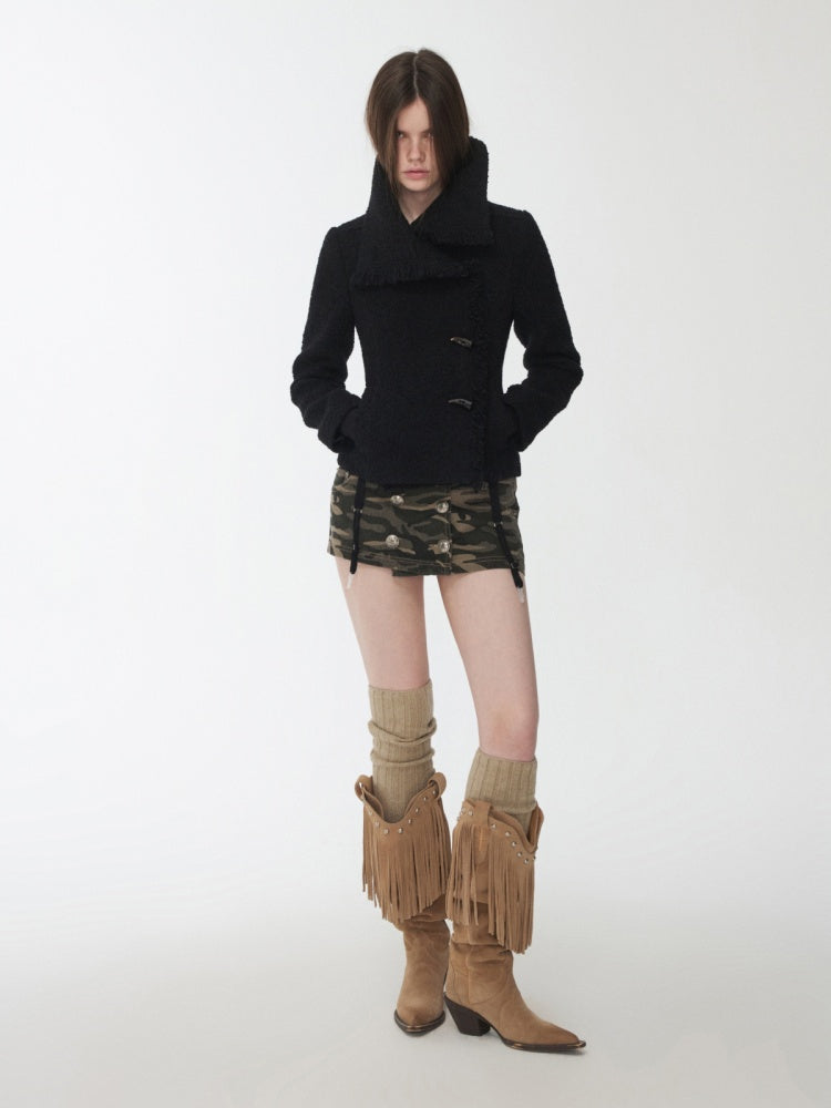 Stand-Up Collar Small Fragrance Wind Horn Button Slim Warm Cropped Wool Jacket【s0000014574】