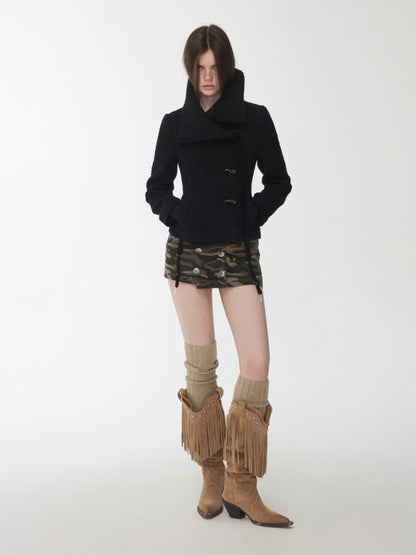 Stand-Up Collar Small Fragrance Wind Horn Button Slim Warm Cropped Wool Jacket【s0000014574】