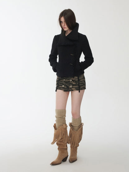 Stand-Up Collar Small Fragrance Wind Horn Button Slim Warm Cropped Wool Jacket【s0000014574】