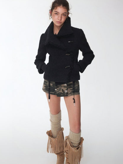 Stand-Up Collar Small Fragrance Wind Horn Button Slim Warm Cropped Wool Jacket【s0000014574】