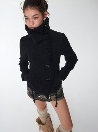 Stand-Up Collar Small Fragrance Wind Horn Button Slim Warm Cropped Wool Jacket【s0000014574】