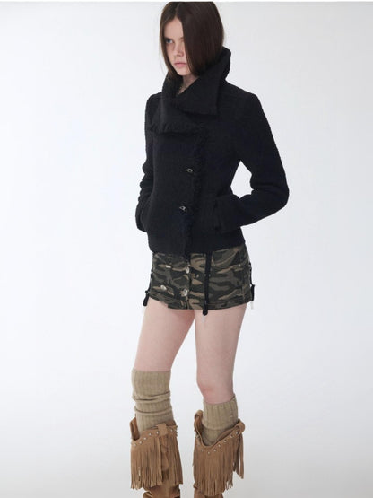 Stand-Up Collar Small Fragrance Wind Horn Button Slim Warm Cropped Wool Jacket【s0000014574】