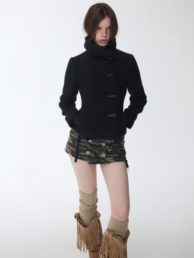 Stand-Up Collar Small Fragrance Wind Horn Button Slim Warm Cropped Wool Jacket【s0000014574】