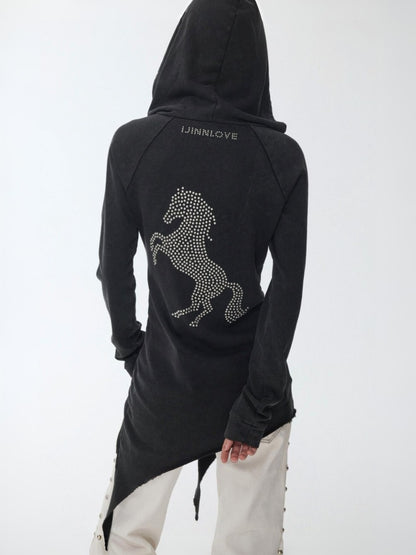 Washed Hot Diamond Rivet Deconstructed Hooded Asymmetrical Midi Length Slim Sweatshirt【s0000014575】