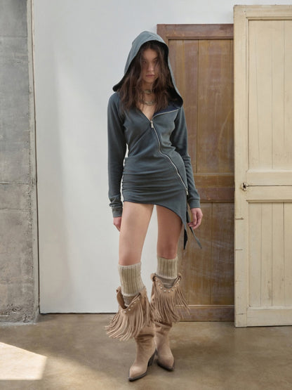 Washed Hot Diamond Rivet Deconstructed Hooded Asymmetrical Midi Length Slim Sweatshirt【s0000014575】