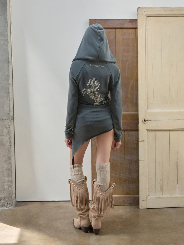 Washed Hot Diamond Rivet Deconstructed Hooded Asymmetrical Midi Length Slim Sweatshirt【s0000014575】