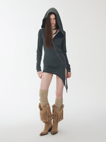 Washed Hot Diamond Rivet Deconstructed Hooded Asymmetrical Midi Length Slim Sweatshirt【s0000014575】