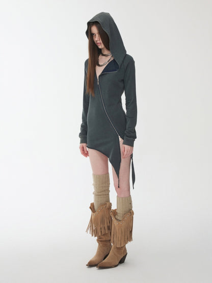 Washed Hot Diamond Rivet Deconstructed Hooded Asymmetrical Midi Length Slim Sweatshirt【s0000014575】