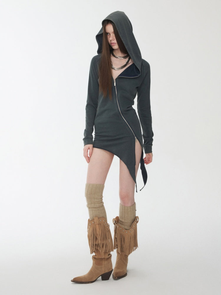 Washed Hot Diamond Rivet Deconstructed Hooded Asymmetrical Midi Length Slim Sweatshirt【s0000014575】