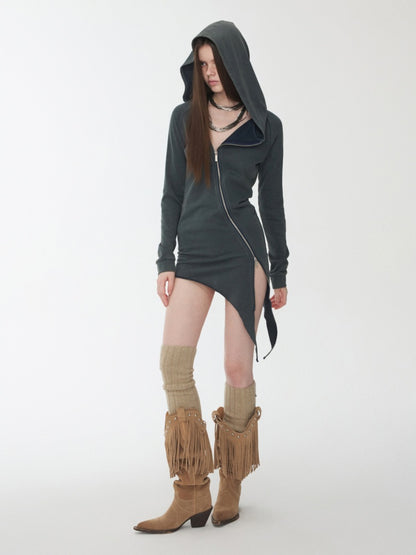 Washed Hot Diamond Rivet Deconstructed Hooded Asymmetrical Midi Length Slim Sweatshirt【s0000014575】