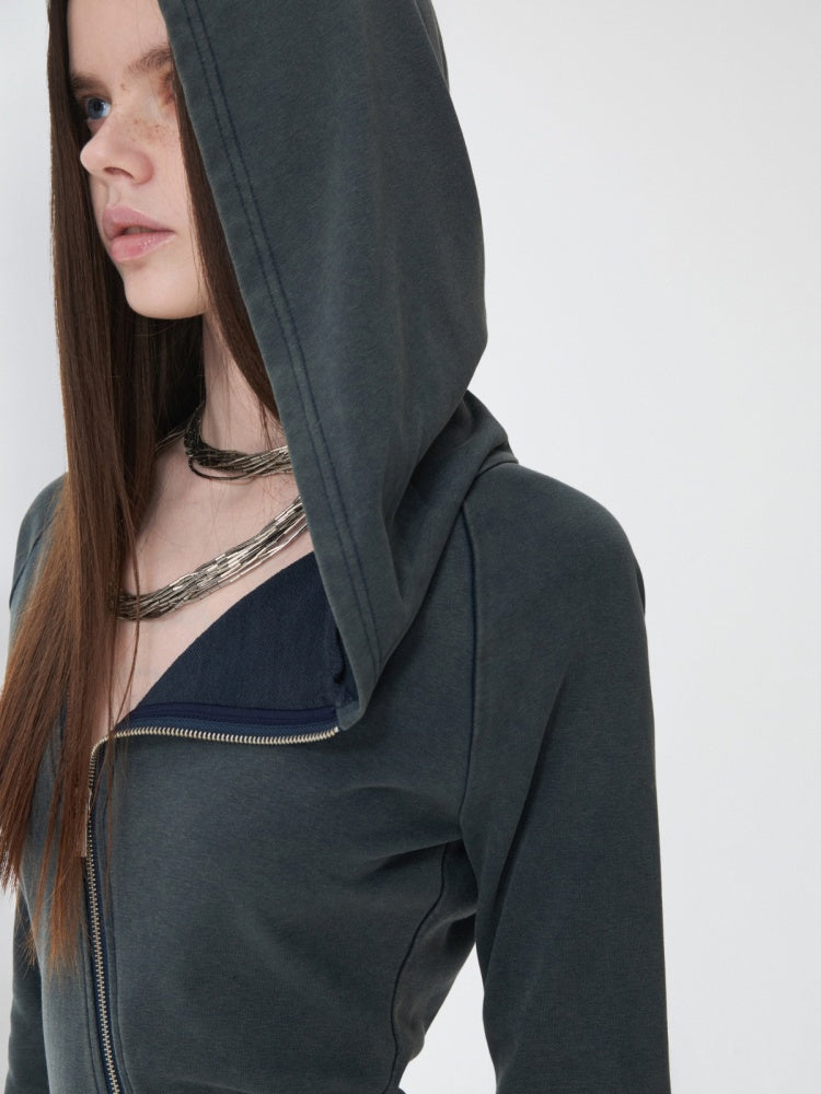 Washed Hot Diamond Rivet Deconstructed Hooded Asymmetrical Midi Length Slim Sweatshirt【s0000014575】