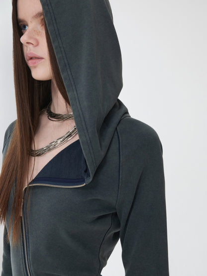 Washed Hot Diamond Rivet Deconstructed Hooded Asymmetrical Midi Length Slim Sweatshirt【s0000014575】