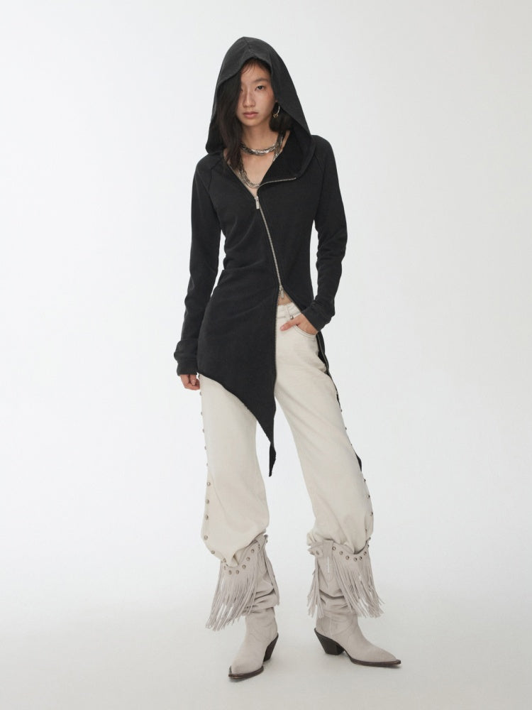 Washed Hot Diamond Rivet Deconstructed Hooded Asymmetrical Midi Length Slim Sweatshirt【s0000014575】