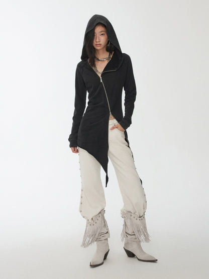 Washed Hot Diamond Rivet Deconstructed Hooded Asymmetrical Midi Length Slim Sweatshirt【s0000014575】