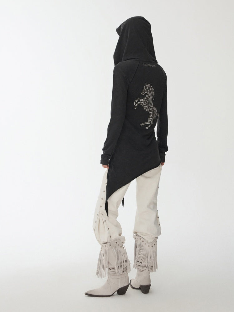Washed Hot Diamond Rivet Deconstructed Hooded Asymmetrical Midi Length Slim Sweatshirt【s0000014575】