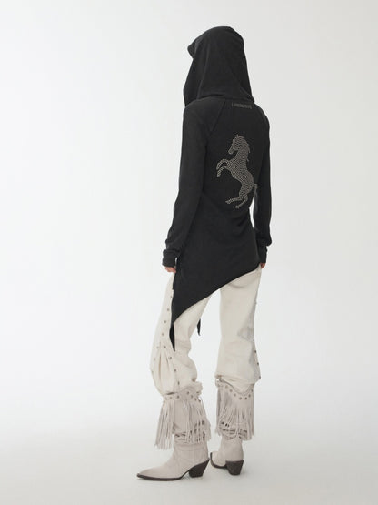 Washed Hot Diamond Rivet Deconstructed Hooded Asymmetrical Midi Length Slim Sweatshirt【s0000014575】