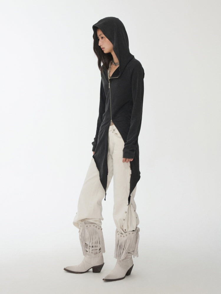 Washed Hot Diamond Rivet Deconstructed Hooded Asymmetrical Midi Length Slim Sweatshirt【s0000014575】
