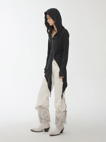 Washed Hot Diamond Rivet Deconstructed Hooded Asymmetrical Midi Length Slim Sweatshirt【s0000014575】