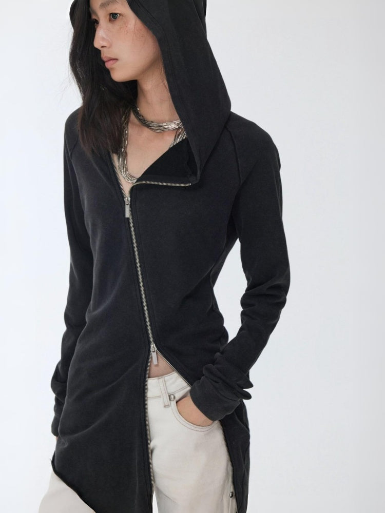 Washed Hot Diamond Rivet Deconstructed Hooded Asymmetrical Midi Length Slim Sweatshirt【s0000014575】