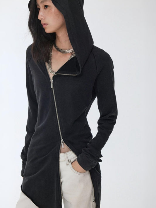 Washed Hot Diamond Rivet Deconstructed Hooded Asymmetrical Midi Length Slim Sweatshirt【s0000014575】