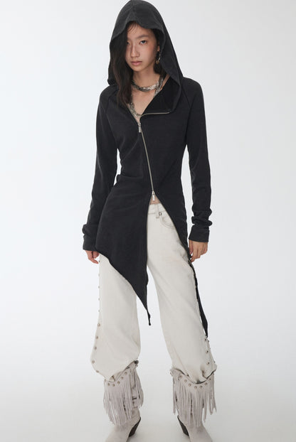 Washed Hot Diamond Rivet Deconstructed Hooded Asymmetrical Midi Length Slim Sweatshirt【s0000014575】