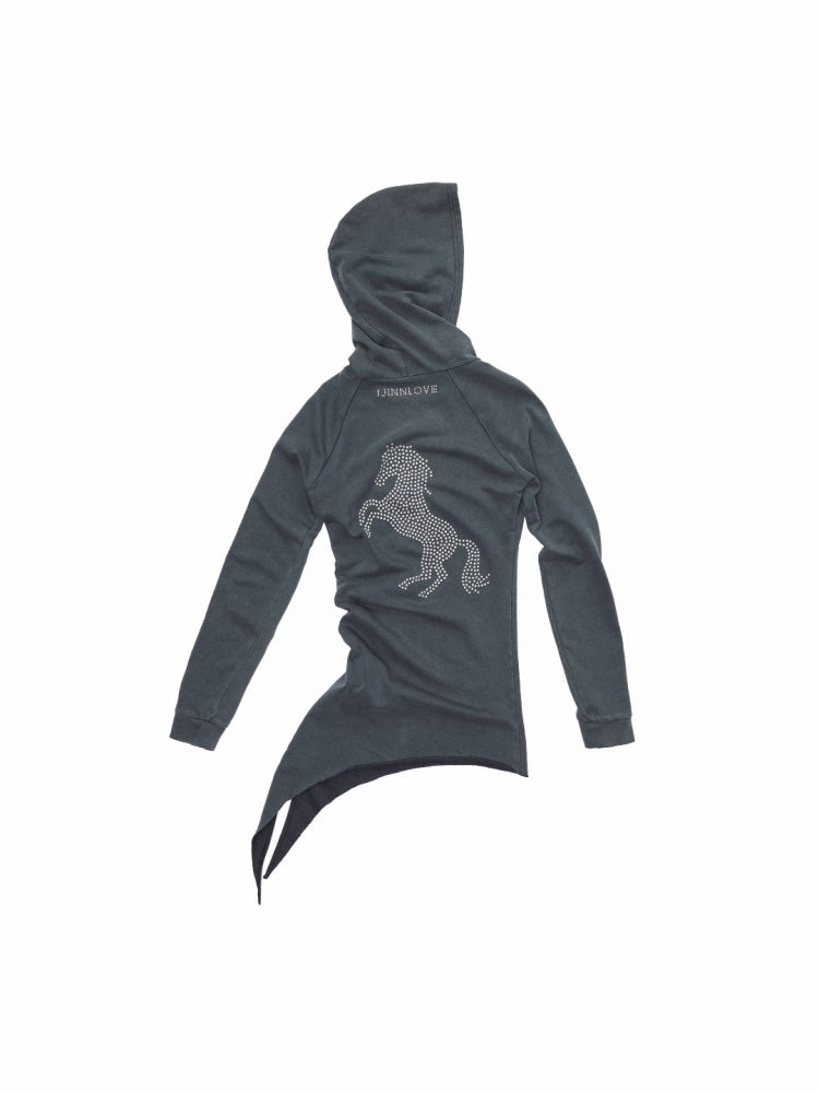 Washed Hot Diamond Rivet Deconstructed Hooded Asymmetrical Midi Length Slim Sweatshirt【s0000014575】