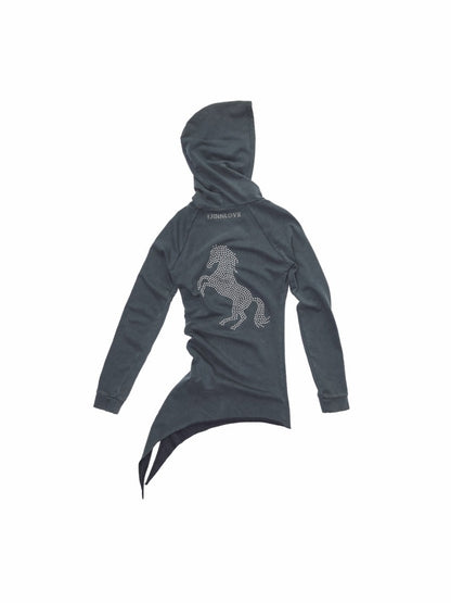 Washed Hot Diamond Rivet Deconstructed Hooded Asymmetrical Midi Length Slim Sweatshirt【s0000014575】