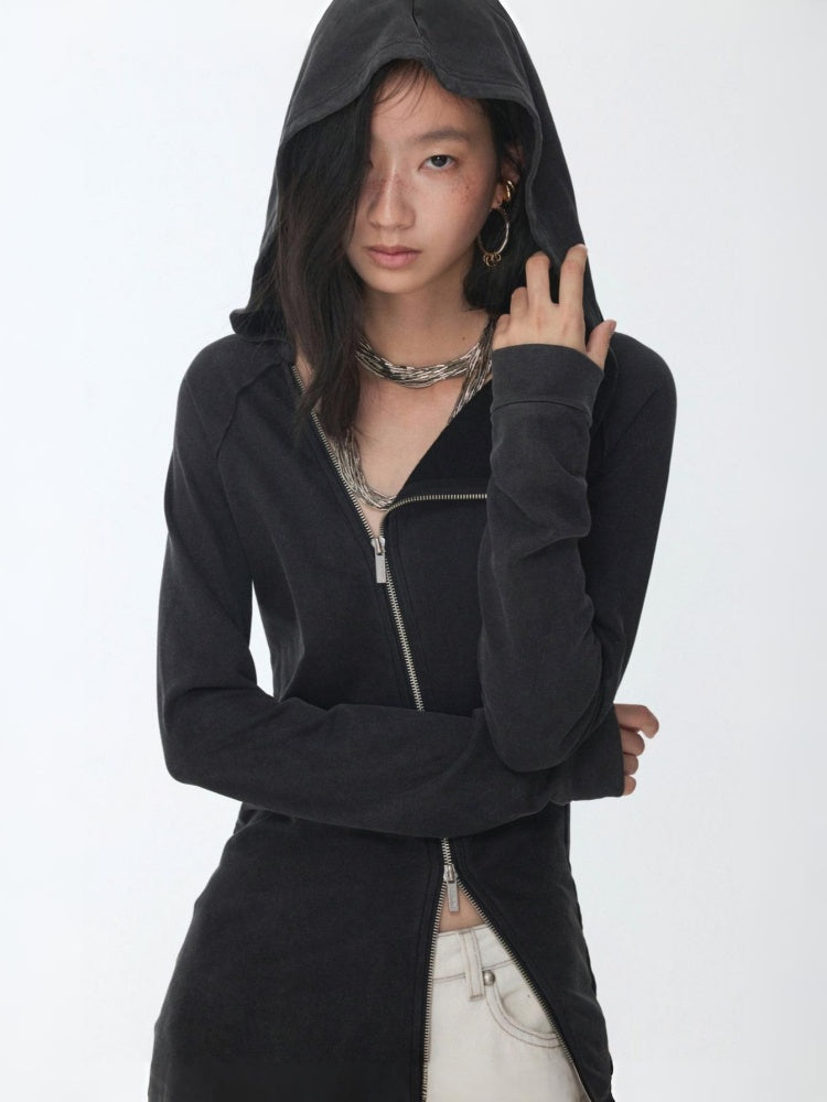 Washed Hot Diamond Rivet Deconstructed Hooded Asymmetrical Midi Length Slim Sweatshirt【s0000014575】