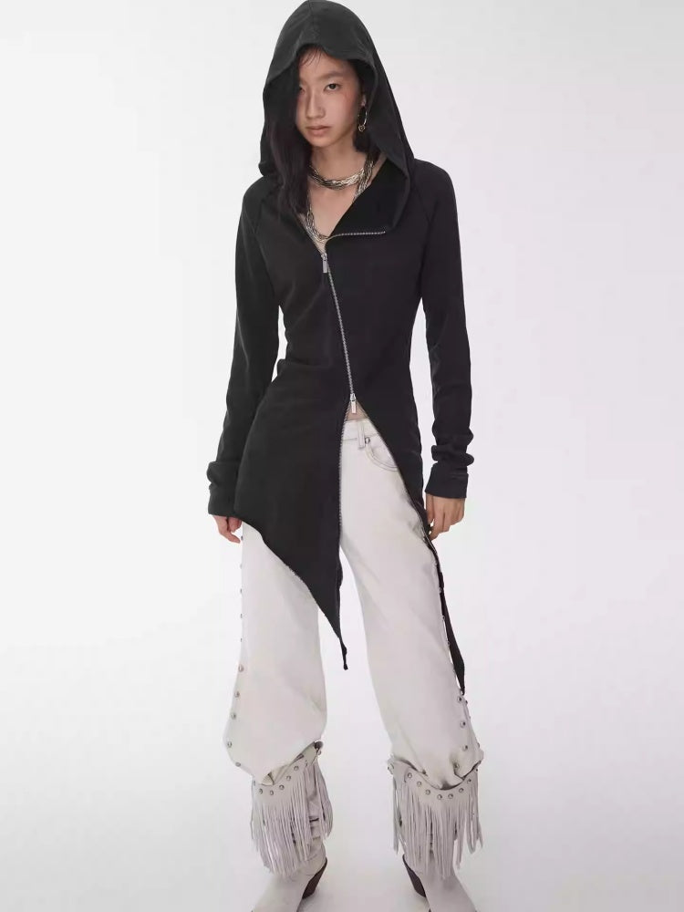 Washed Hot Diamond Rivet Deconstructed Hooded Asymmetrical Midi Length Slim Sweatshirt【s0000014575】