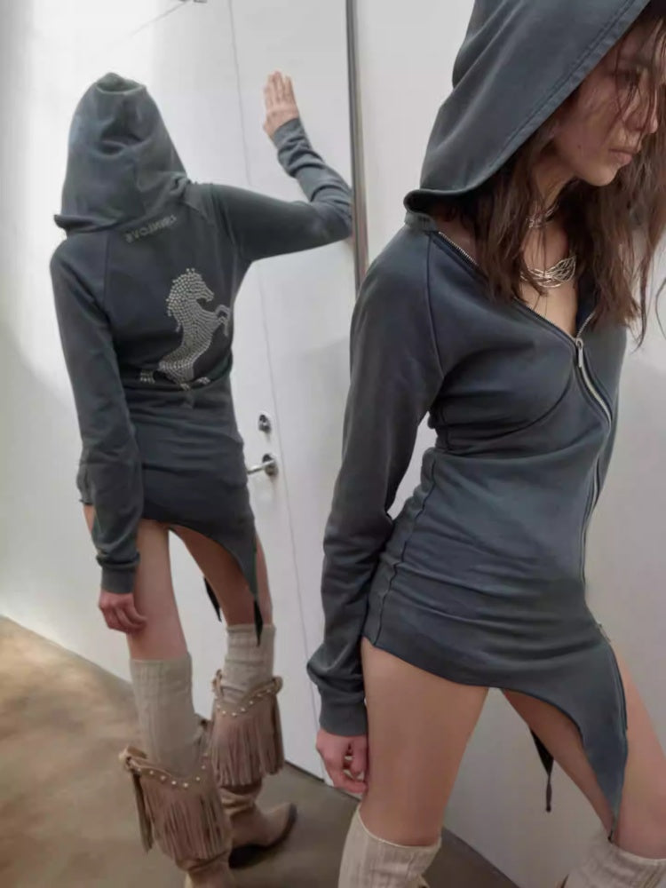 Washed Hot Diamond Rivet Deconstructed Hooded Asymmetrical Midi Length Slim Sweatshirt【s0000014575】