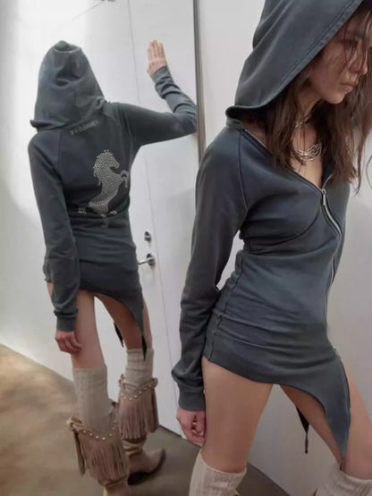Washed Hot Diamond Rivet Deconstructed Hooded Asymmetrical Midi Length Slim Sweatshirt【s0000014575】