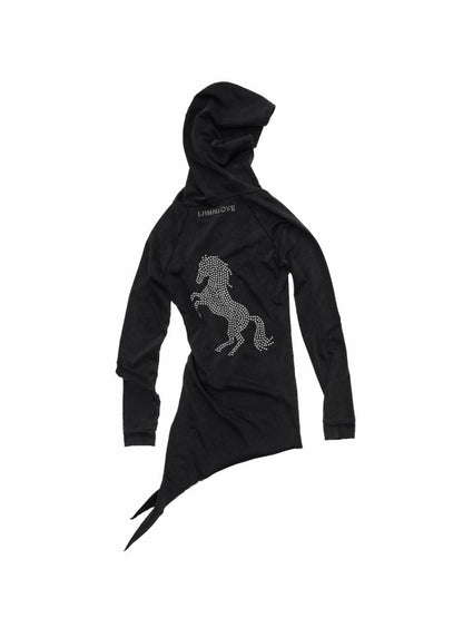 Washed Hot Diamond Rivet Deconstructed Hooded Asymmetrical Midi Length Slim Sweatshirt【s0000014575】