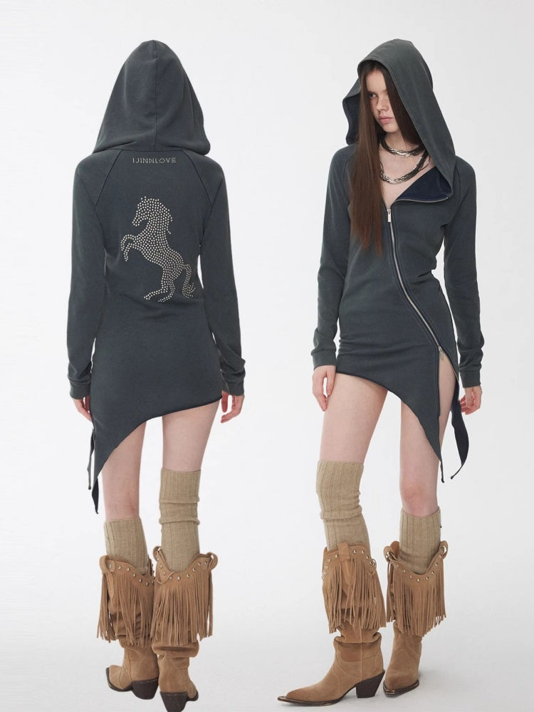 Washed Hot Diamond Rivet Deconstructed Hooded Asymmetrical Midi Length Slim Sweatshirt【s0000014575】