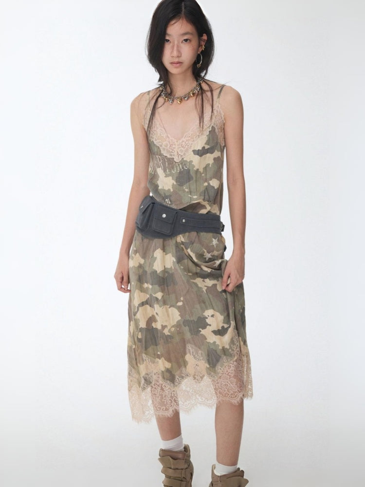 Camouflage Print Lace Stitched V-Neck Mid Length Mesh Spice Girl Sundress【s0000014576】