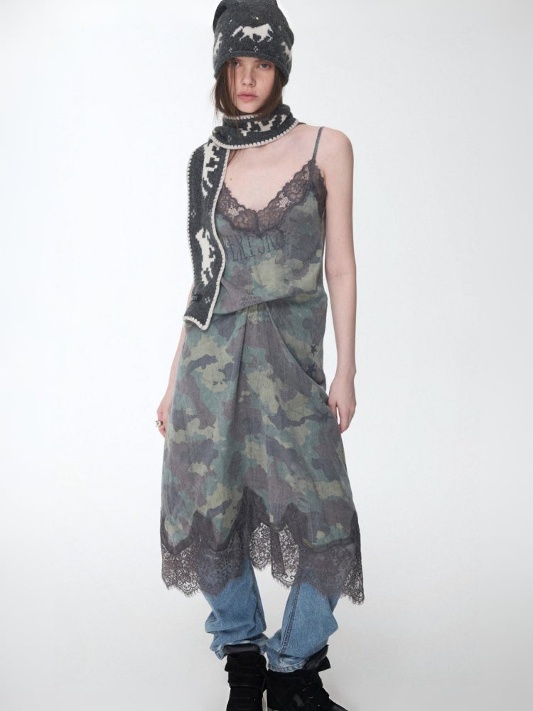 Camouflage Print Lace Stitched V-Neck Mid Length Mesh Spice Girl Sundress【s0000014576】