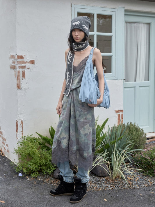 Camouflage Print Lace Stitched V-Neck Mid Length Mesh Spice Girl Sundress【s0000014576】