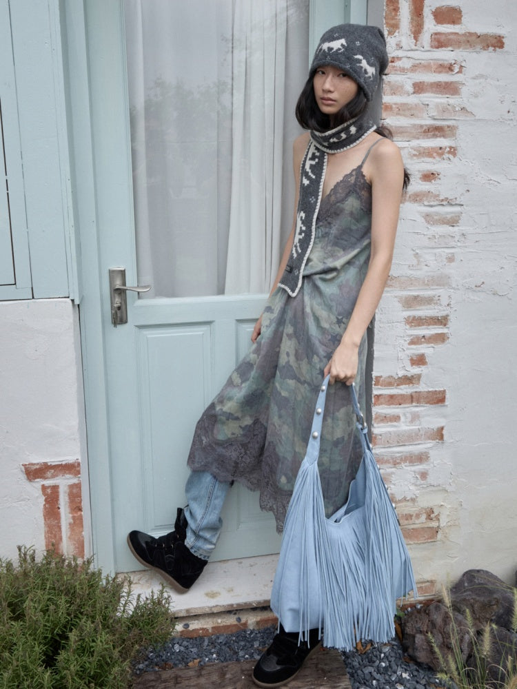 Camouflage Print Lace Stitched V-Neck Mid Length Mesh Spice Girl Sundress【s0000014576】