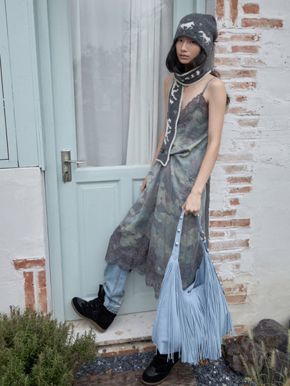 Camouflage Print Lace Stitched V-Neck Mid Length Mesh Spice Girl Sundress【s0000014576】