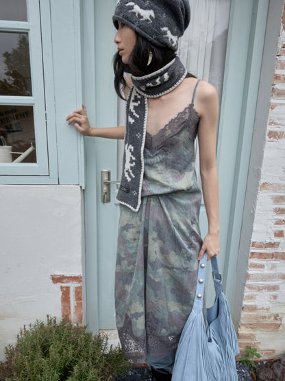 Camouflage Print Lace Stitched V-Neck Mid Length Mesh Spice Girl Sundress【s0000014576】