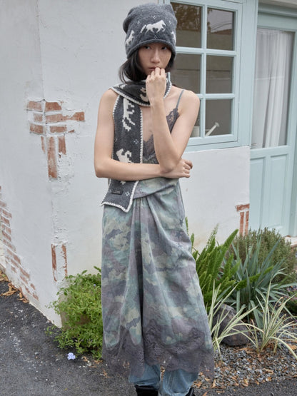 Camouflage Print Lace Stitched V-Neck Mid Length Mesh Spice Girl Sundress【s0000014576】