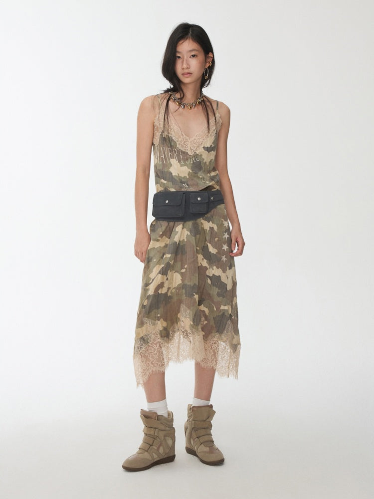Camouflage Print Lace Stitched V-Neck Mid Length Mesh Spice Girl Sundress【s0000014576】