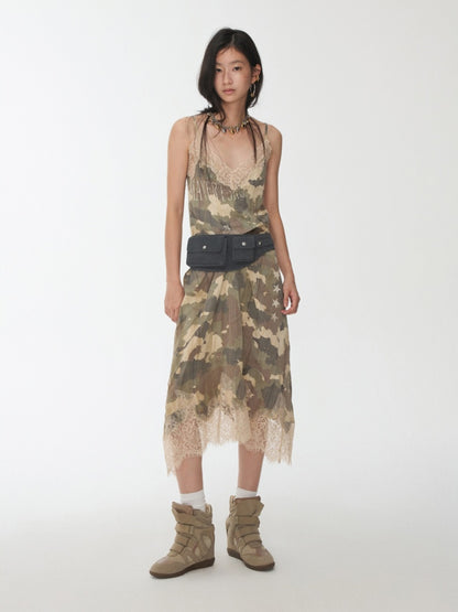 Camouflage Print Lace Stitched V-Neck Mid Length Mesh Spice Girl Sundress【s0000014576】