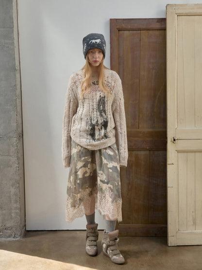Camouflage Print Lace Stitched V-Neck Mid Length Mesh Spice Girl Sundress【s0000014576】