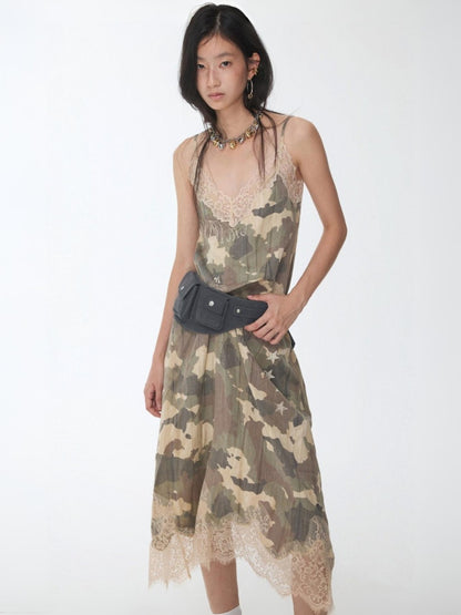 Camouflage Print Lace Stitched V-Neck Mid Length Mesh Spice Girl Sundress【s0000014576】