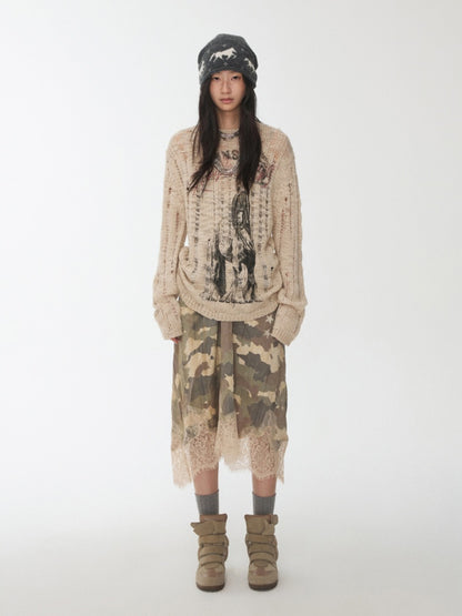 Camouflage Print Lace Stitched V-Neck Mid Length Mesh Spice Girl Sundress【s0000014576】