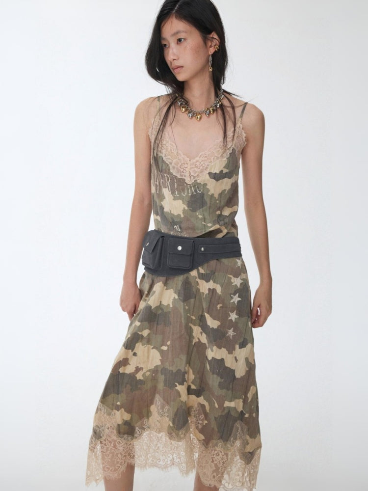 Camouflage Print Lace Stitched V-Neck Mid Length Mesh Spice Girl Sundress【s0000014576】