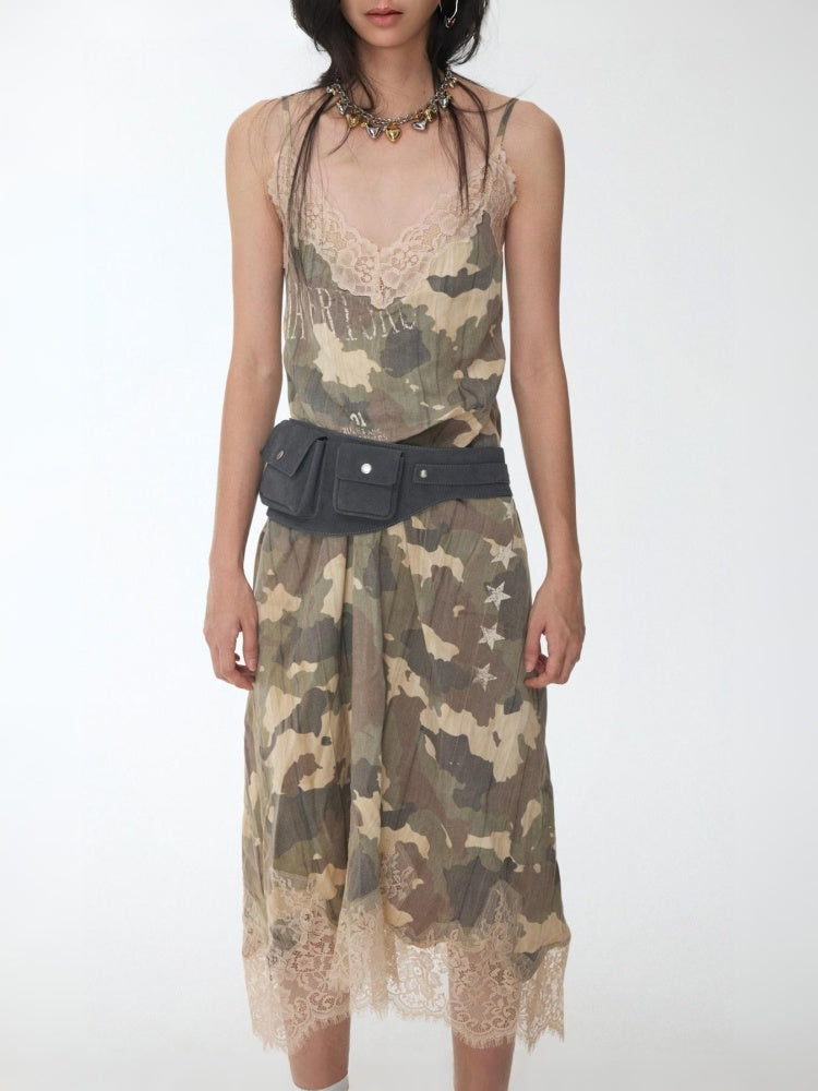 Camouflage Print Lace Stitched V-Neck Mid Length Mesh Spice Girl Sundress【s0000014576】