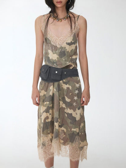 Camouflage Print Lace Stitched V-Neck Mid Length Mesh Spice Girl Sundress【s0000014576】